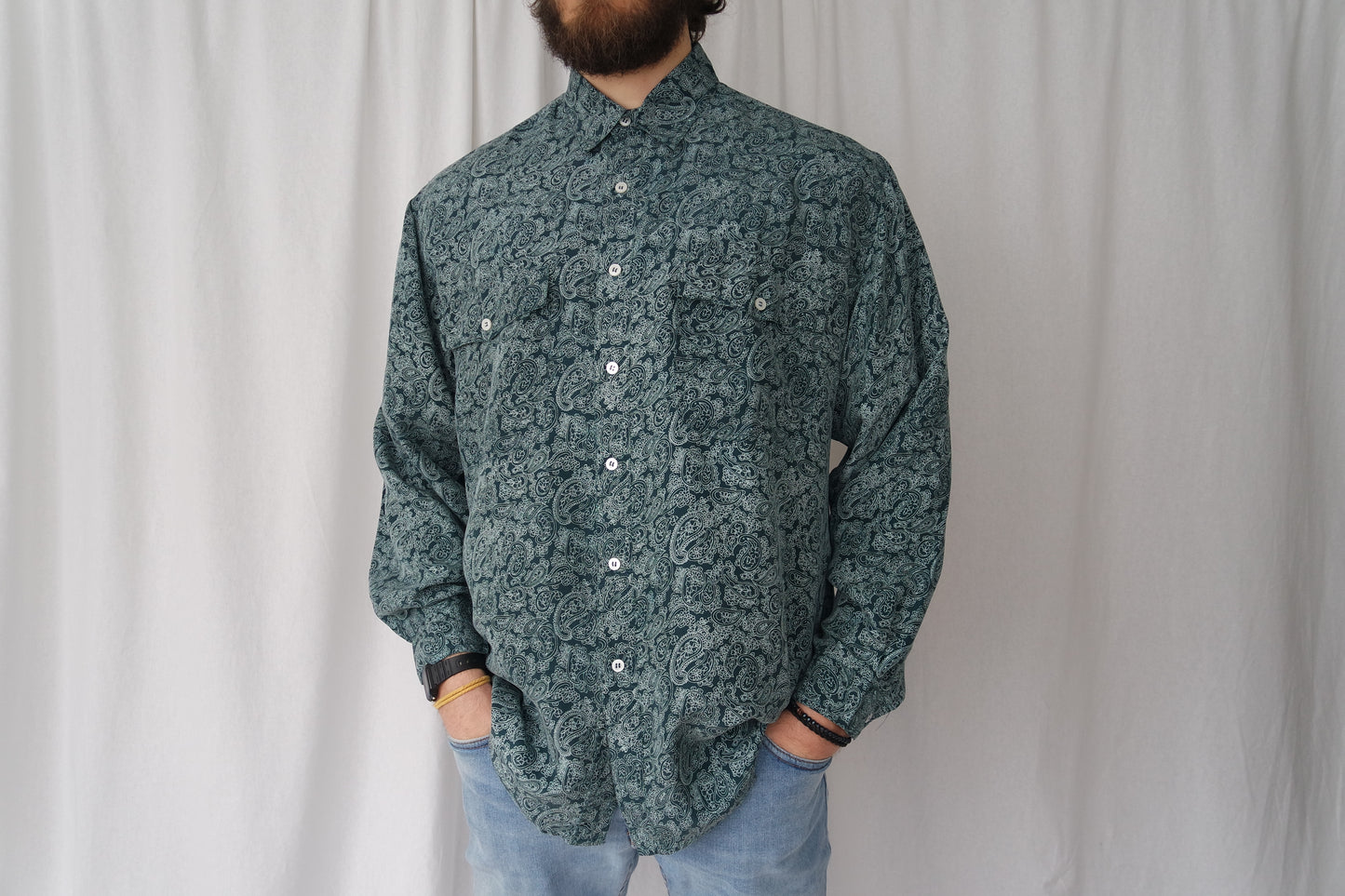 100% Silk shirt longsleeved blue Paisley pattern