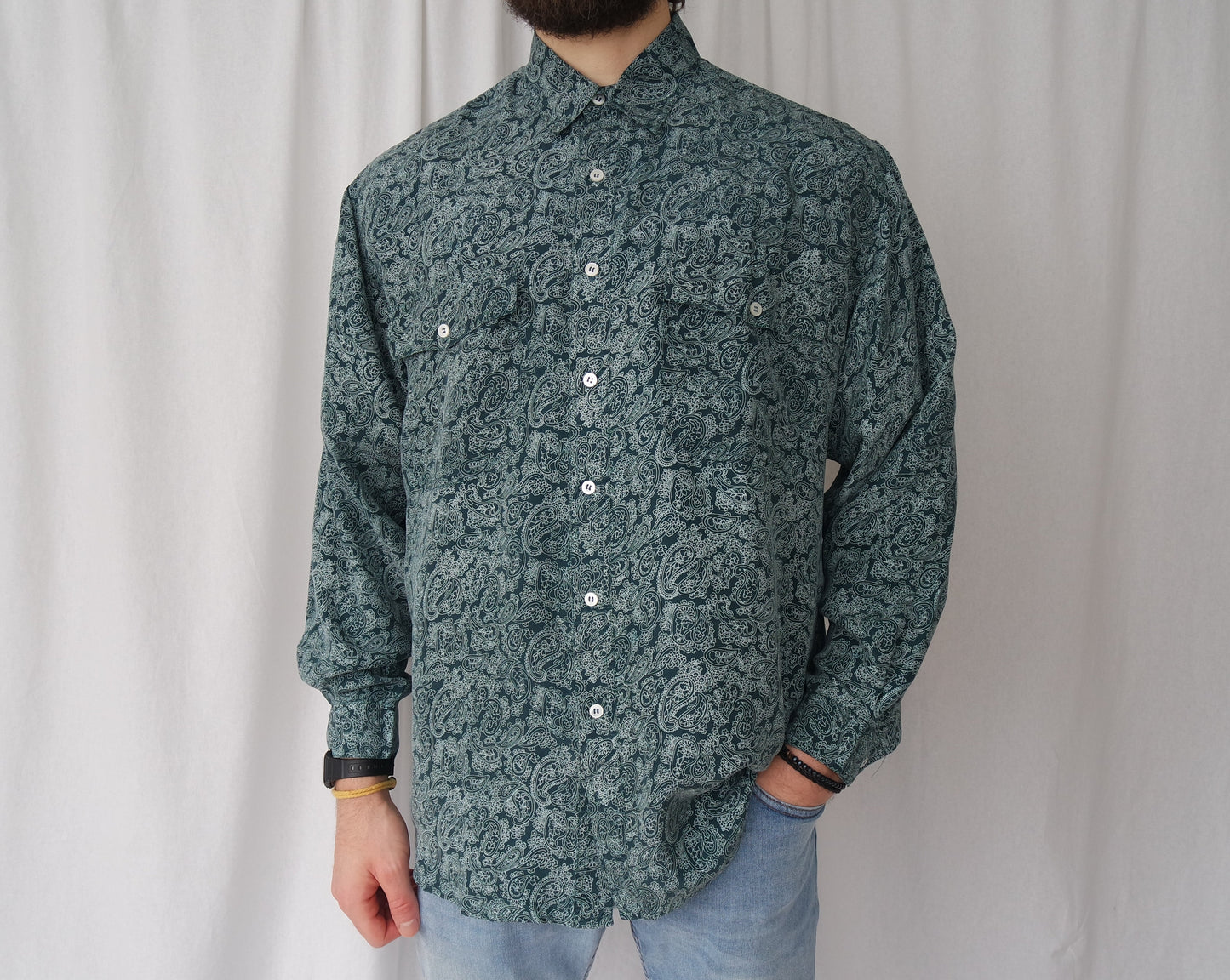 100% Silk shirt longsleeved blue Paisley pattern