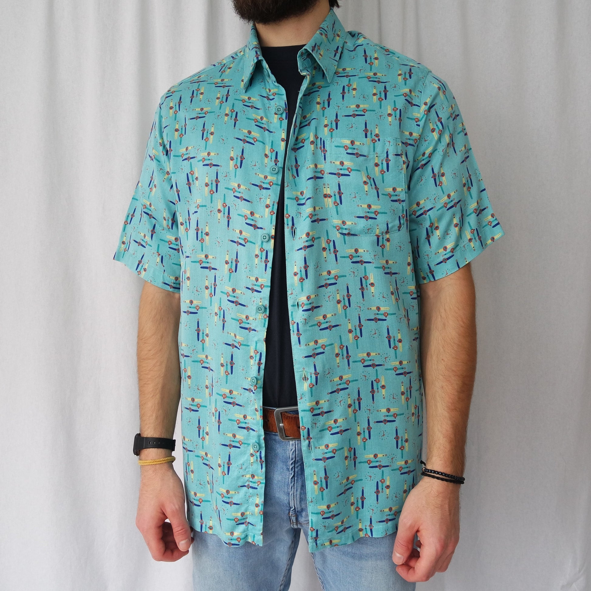 100% Silk shirt shortsleeved Vintage Turquoise Watch allover pattern, Men's XXL