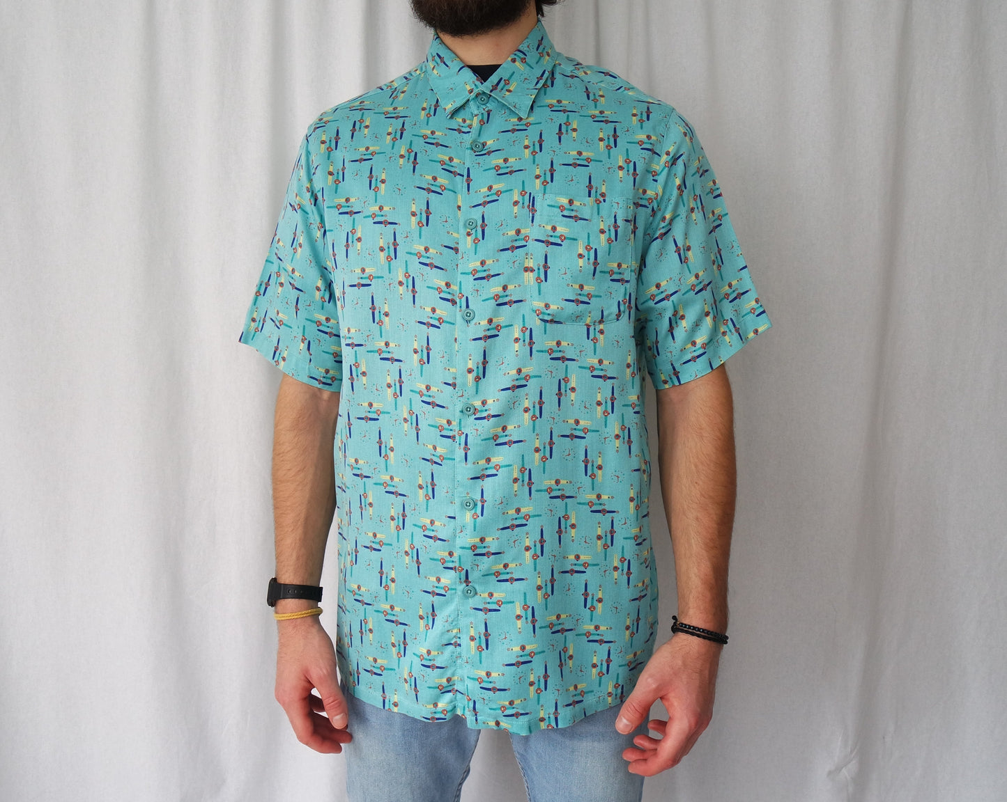 100% Silk shirt shortsleeved Vintage Turquoise Watch allover pattern, Men's XXL