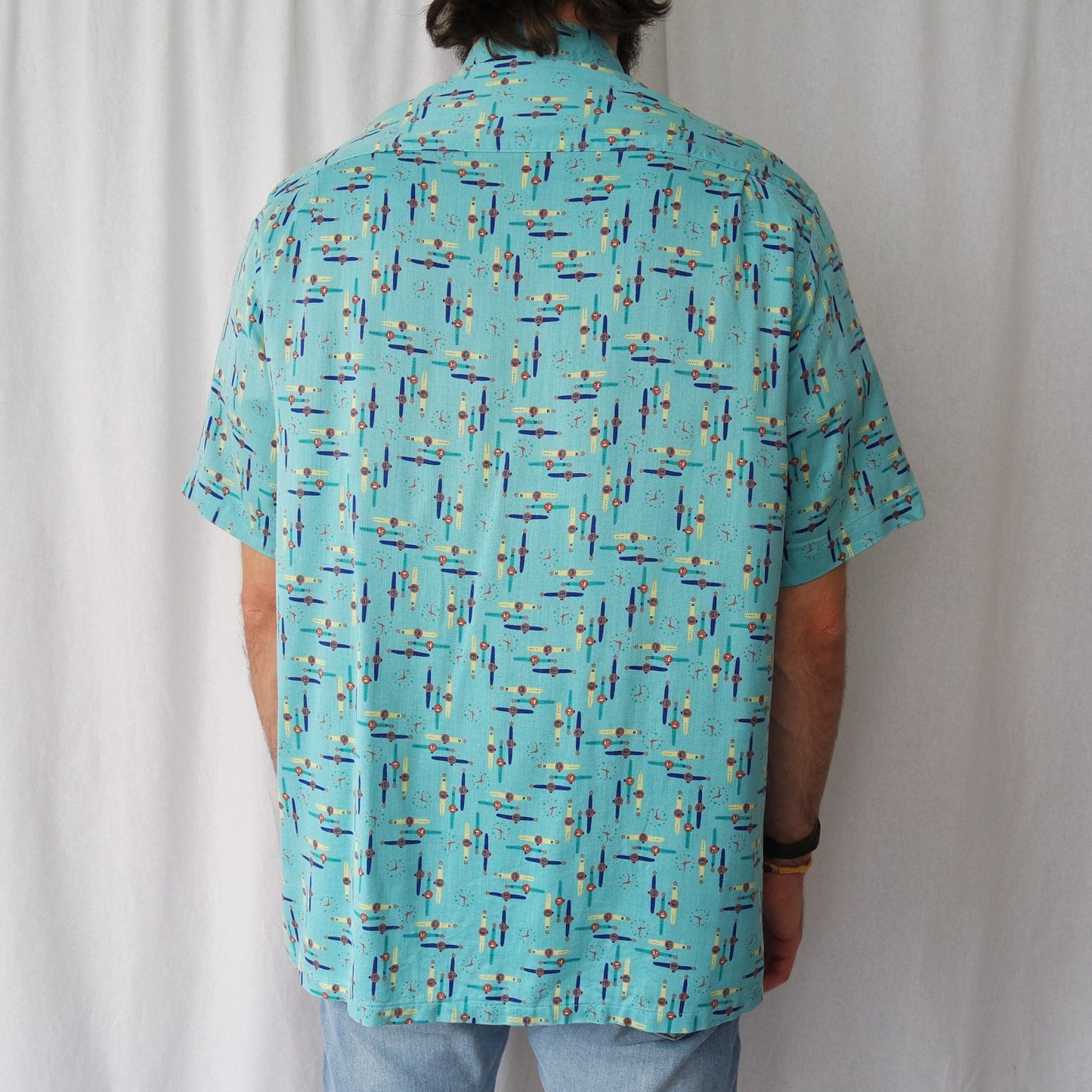 100% Silk shirt shortsleeved Vintage Turquoise Watch allover pattern, Men's XXL